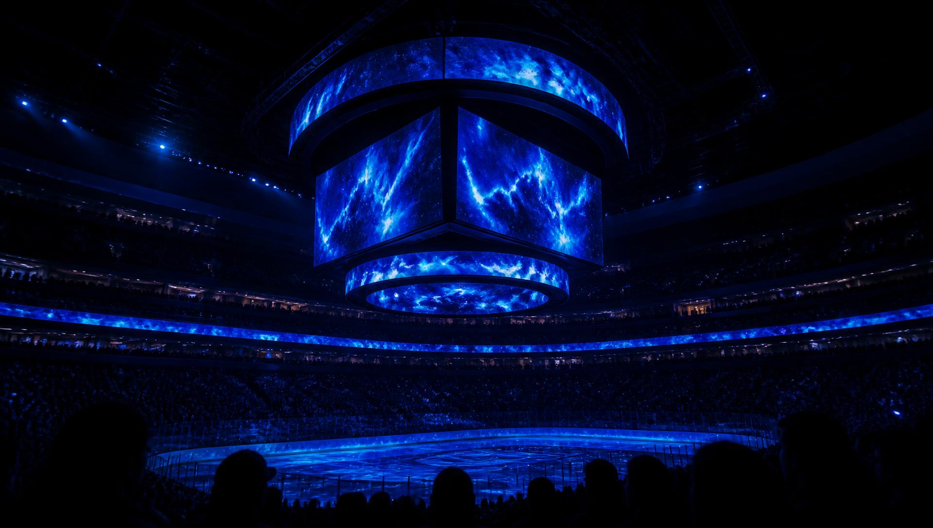 Arena at night with a large LED center-hung video board glowing above the ice