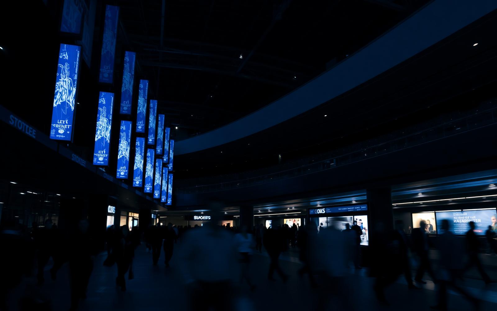 Dark stadium concourse lined with glowing digital signage displays